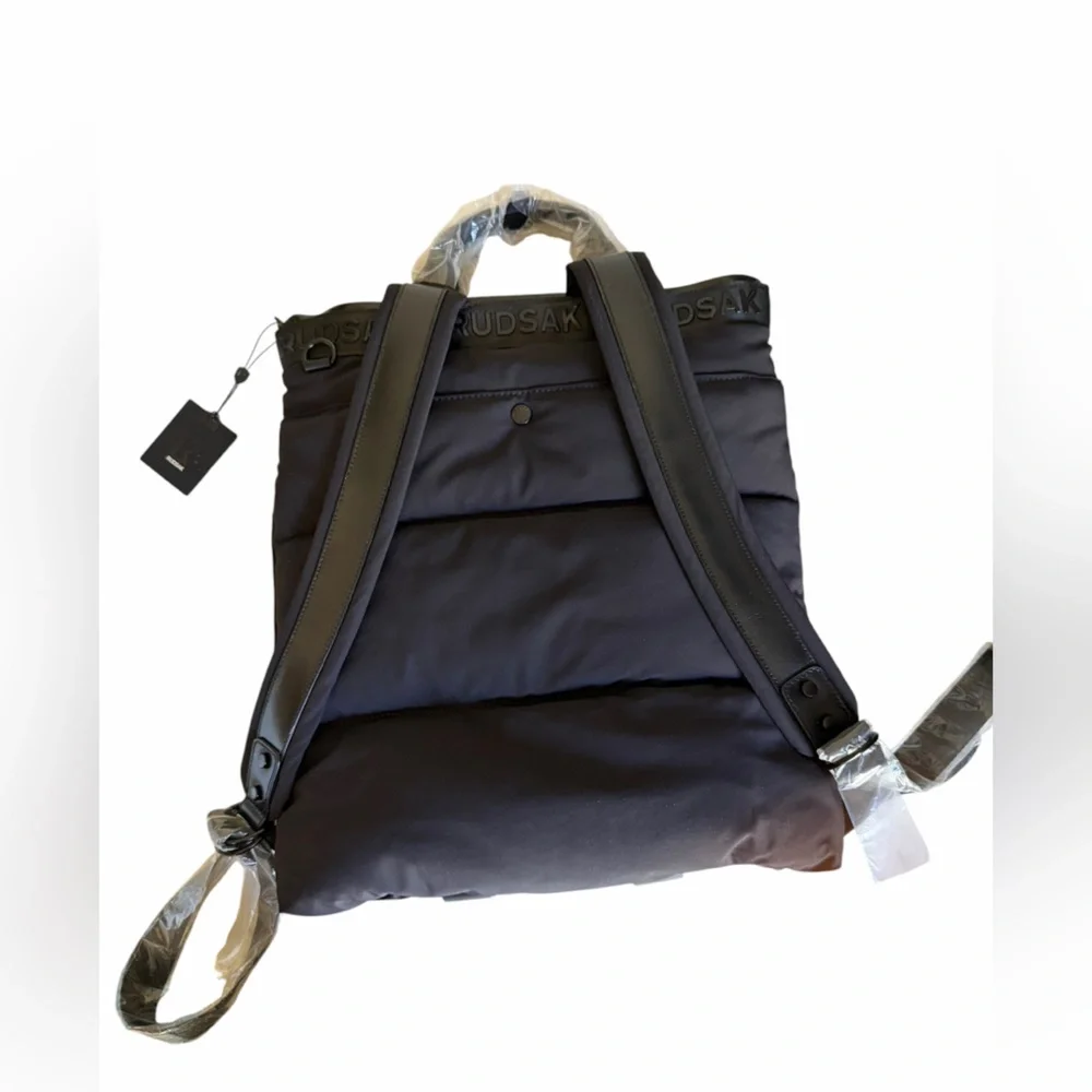 RUDSAK Black Quilted Puffer Logo Strap Backpack Minimalist Heirloom Luxury NWT